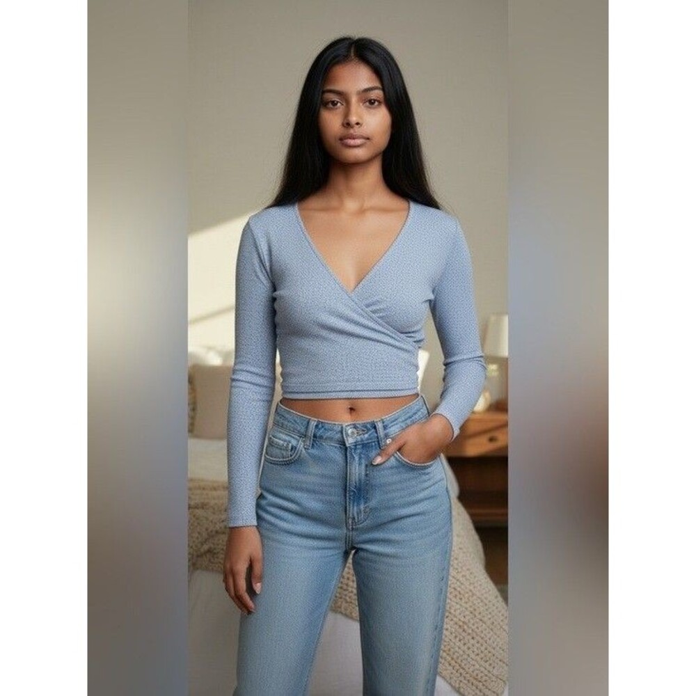 Brandy Melville Blue Wrap Fitted Blouse Small Petite